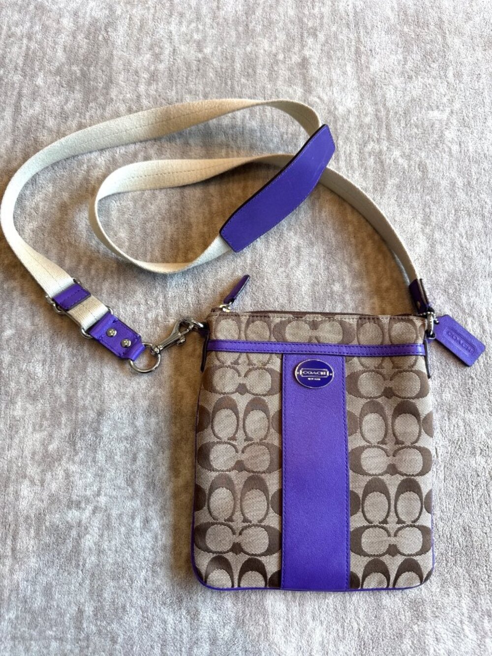Coach Crossbody Bag Brown Signature Canvas Purple Leather Trim Adjustable Strap